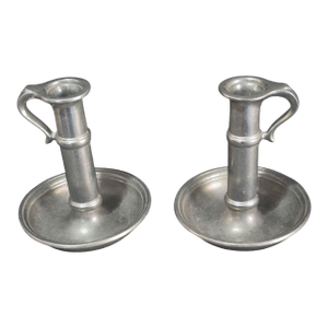 Vintage Pair Pewter Candle Holder Chambersticks Marked "Wilton Columbia p.A"