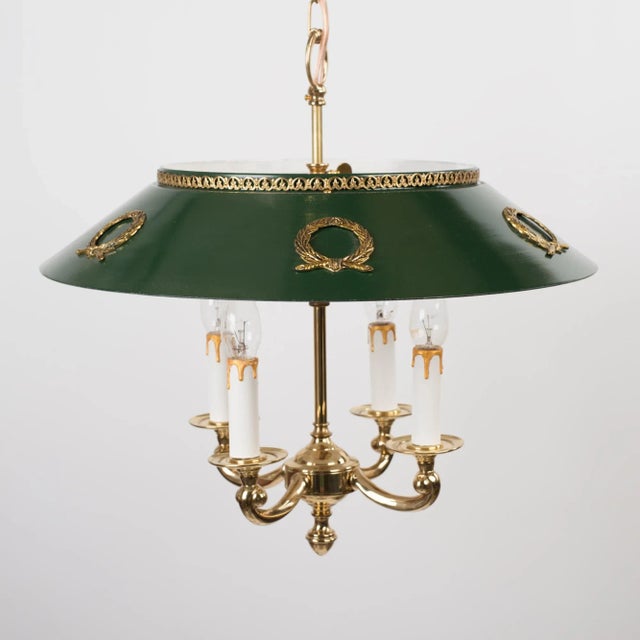 1960s Empire Bouillotte Brass Chandelier With Green Tole Shade For Sale - Image 4 of 14
