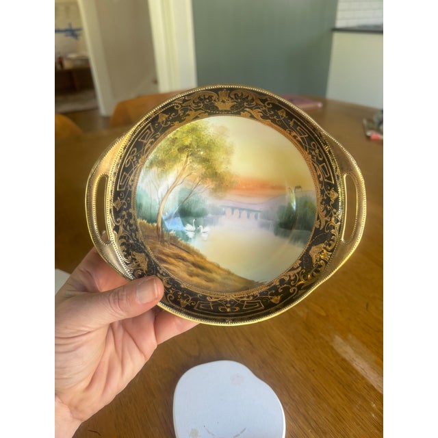 Antique Hand Painted Nippon 3-Piece Serving Set Cobalt Blue Heavy Gold Scenic Landscape M in Wreath Morimura 1910-1921 Châteaucore Grandmillennial For Sale - Image 12 of 14