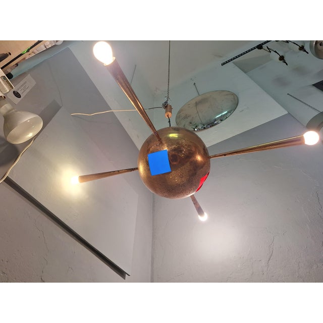 Chandelier in Copper Brass and Colored Glass 4 Copper Cones For Sale - Image 18 of 18