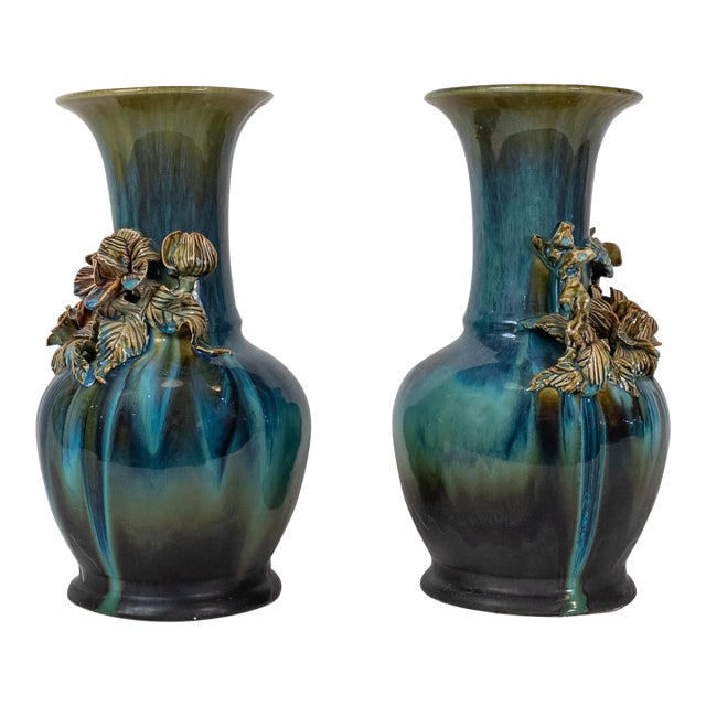 Pair of Indonesian Sculptural Ceramic Vases With Applied Floral Decoration For Sale