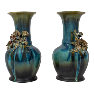 Pair of Indonesian Sculptural Ceramic Vases With Applied Floral Decoration
