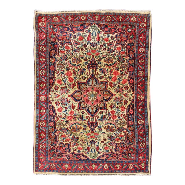 Antique Persian Medallion Bidjar Colorful Rug in Ivory, Navy Blue and Red 3'4 X 5'0 For Sale