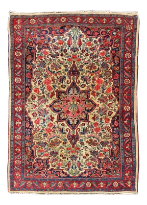 Antique Persian Medallion Bidjar Colorful Rug in Ivory, Navy Blue and Red 3'4 X 5'0