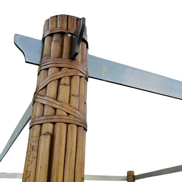 Brown Bamboo Queen Poster Bed with Steel Canopy and Cream Linen Fabric For Sale - Image 8 of 11