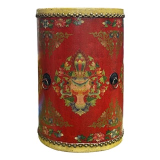 Distressed Red Lotus Tibetan Style Jewel Tower Graphic Round Drum Table For Sale