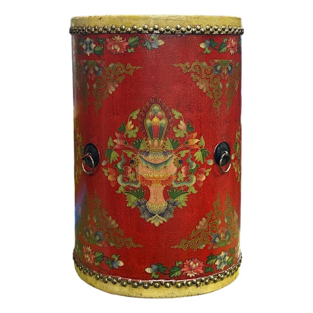 Distressed Red Lotus Tibetan Style Jewel Tower Graphic Round Drum Table For Sale