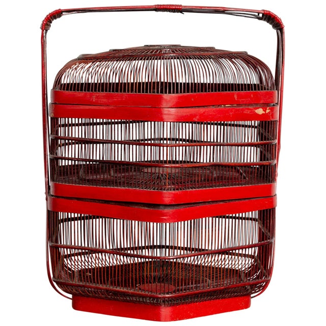 Vintage Chinese Red Lacquered Bird Cage with Handle and Hexagonal Base For Sale - Image 12 of 12