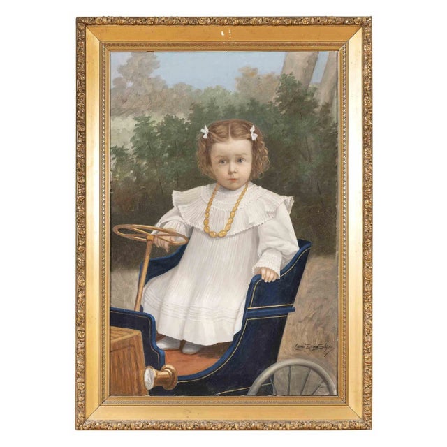 Portrait of Child on a Car, Oil Painting, Late 19th-Century For Sale