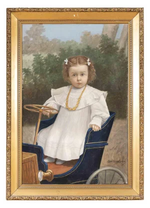 Portrait of Child on a Car, Oil Painting, Late 19th-Century