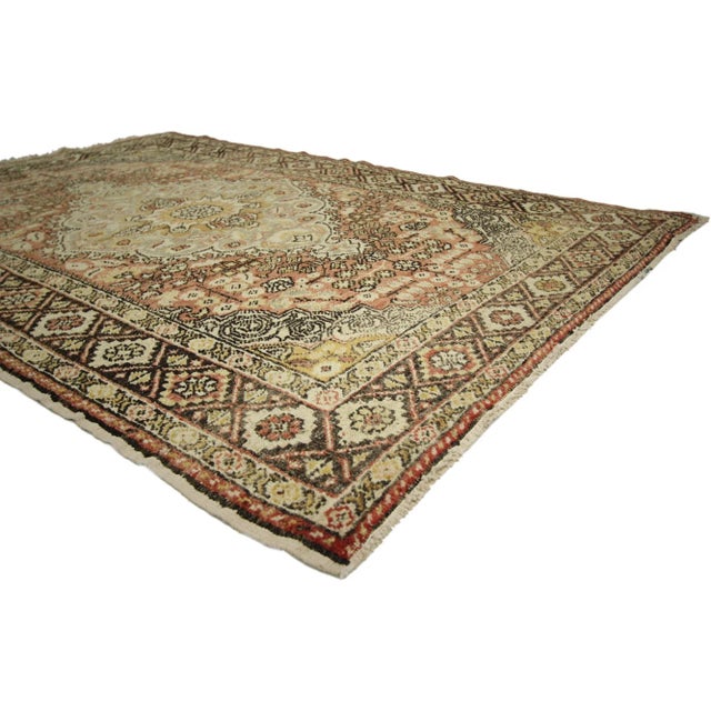 Distressed Vintage Turkish Sivas rug with Rustic Cottage Arts & Crafts Style 04'05 x 06'04. With architectural elements of...