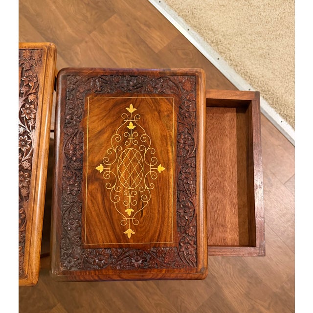English Vintage Hand-Carved Hardwood Nesting Tables Set of 4 With Brass Inlay & Hidden Drawer For Sale - Image 3 of 7