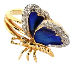 Diamond & Blue Enamel 14k Two Tone Gold Double Wing Butterfly Ring - Size 6