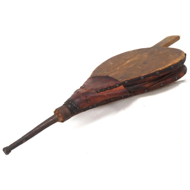Wood Antique American Primitive Blacksmith Made Fireplace Bellows For Sale - Image 7 of 13