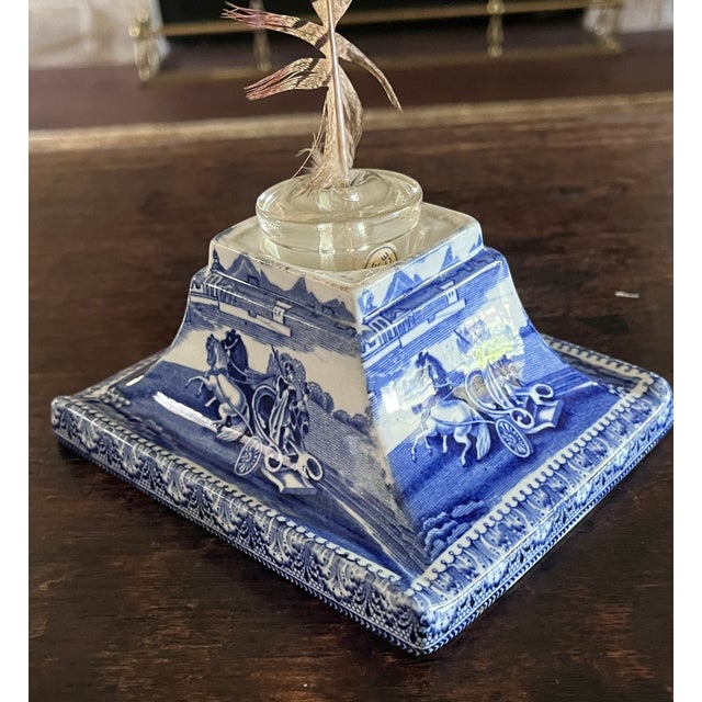 Antique English Blue & White Transferware Pyramidal Inkwell With French Glass Insert & Quill For Sale - Image 4 of 14