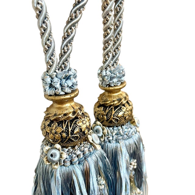 French Pair Vintage French Passementerie Tassel Drapery Tiebacks Ice Blue With Gold For Sale - Image 3 of 7