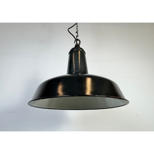 Gray Industrial French Dark Grey Enamel Factory Pendant Lamp, 1960s For Sale - Image 8 of 17