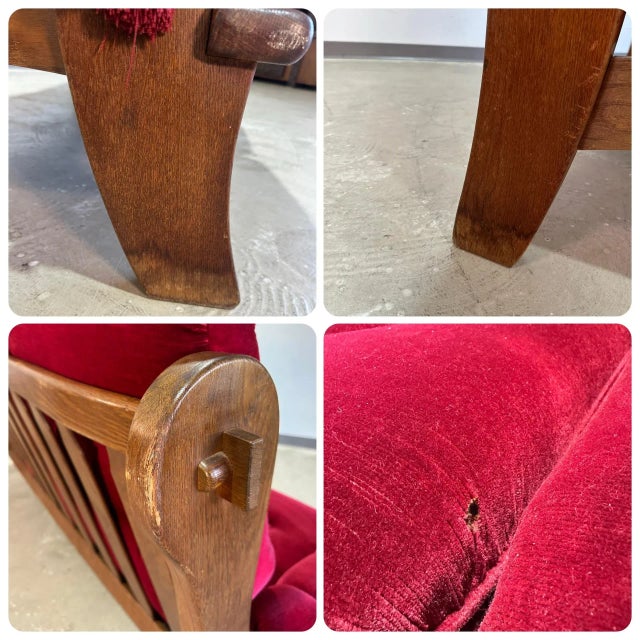 1970’s Vintage French Brutalist Oak and Red Velvet Sofa For Sale - Image 11 of 12
