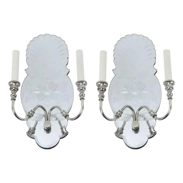 Hollywood Regency Style Pair of Mirrored Sconces With Two Nickel Arms For Sale