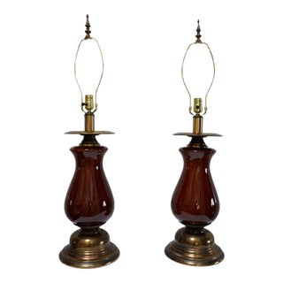 Pair of 21st Century Brass and Ceramic Burgundy Baluster Lamps For Sale