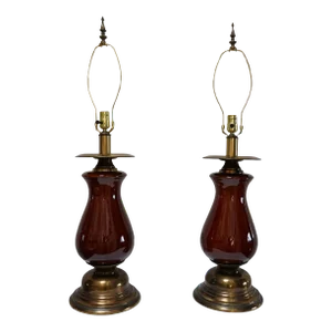 Pair of 21st Century Brass and Ceramic Burgundy Baluster Lamps