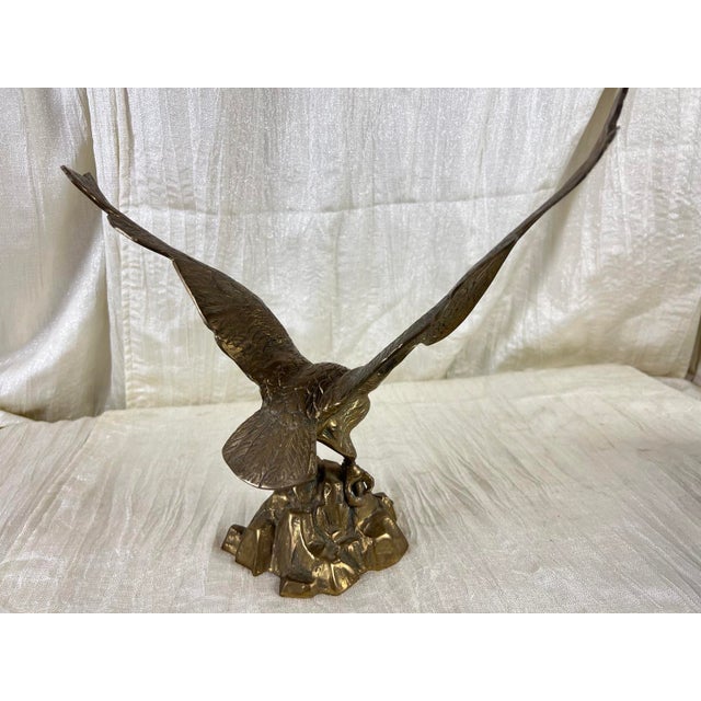 Vintage Solid Cast Brass Eagle Sculpture on Rocky Outcrop, 12” Tall For Sale - Image 4 of 9