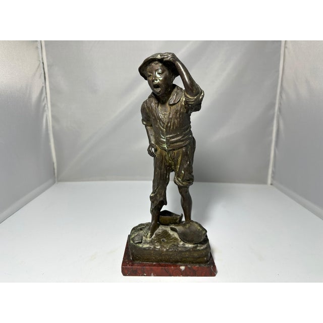 Early 20th Century Bronzed Spelter Boy Figurine on Marble Base - Continental Antique For Sale - Image 5 of 10