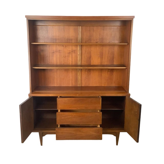 Vintage Mid-Century Modern Walnut Hutch Cabinet With Open Display Shelving For Sale - Image 17 of 18