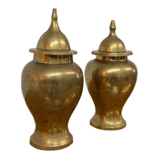 Brass Ginger Jar Urn Shaped Vessels + Lids, Set of Two For Sale