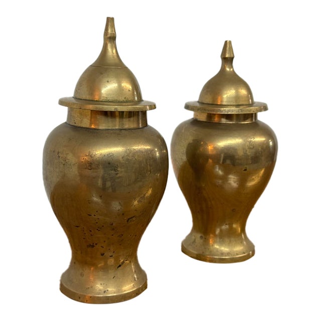 Brass Ginger Jar Urn Shaped Vessels + Lids, Set of Two For Sale