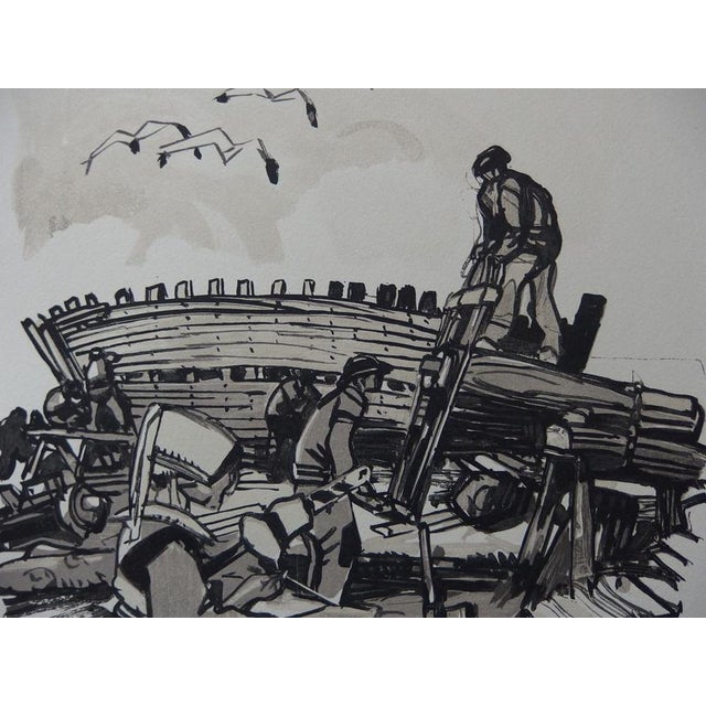 Mathurin meheut boats under construction in armor woodcut on vellum signed in the plate on vellum 37 x 26 cm information:...