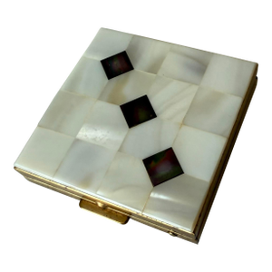 Vintage Square Compact Mirror in Brass and Inlaid Mother of Pearl and Abalone Shell