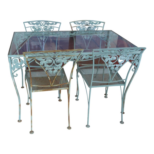 Vintage Salterini Style Iron Aqua Green Patio Table & 4 Chairs, Attributed For Sale