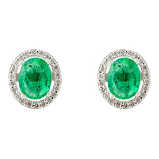 1.14ct Vibrant Columbian Emerald Halo Diamond Stud Earrings- 2 Pieces For Sale