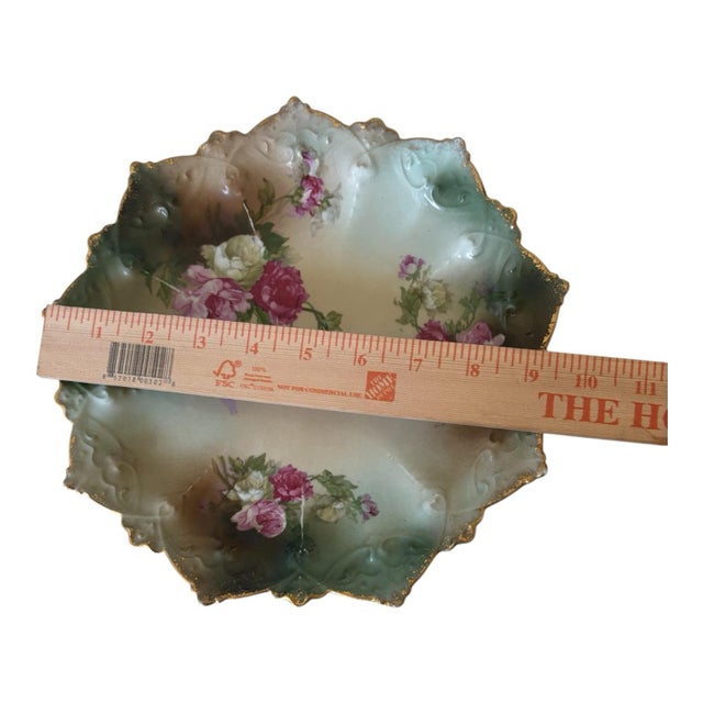 Antique Mz Austria Rose Porcelain Plate, Scalloped Gold Rim, Green Floral Cabinet Plate, Moritz Zdekauer, Circa 1900 For Sale - Image 9 of 9