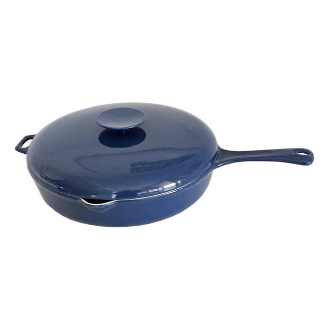 1960s Copco Blue Enamel on Cast Iron Skillet With Lid Designed by Michael Lax, 2 Piece Set For Sale