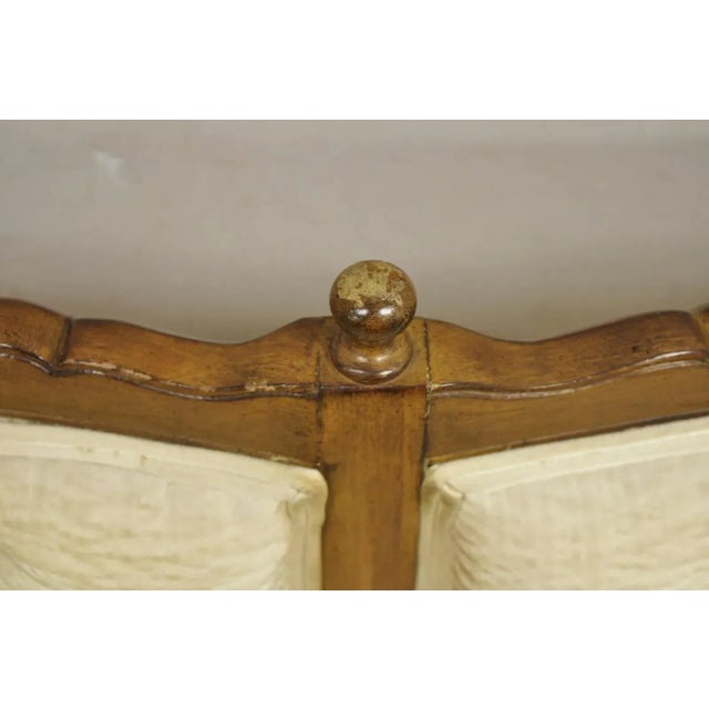Wood Mid 20th Century Vintage French Country Style Carved Wood Spindle Upholstered Settee Sofa For Sale - Image 7 of 12