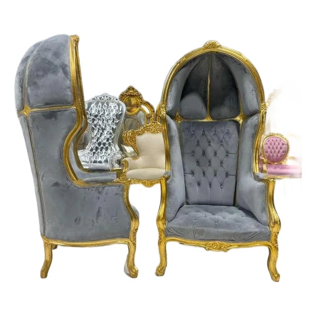 French Balloon Chair – Gray Velvet High-Back Canopy Chair For Sale