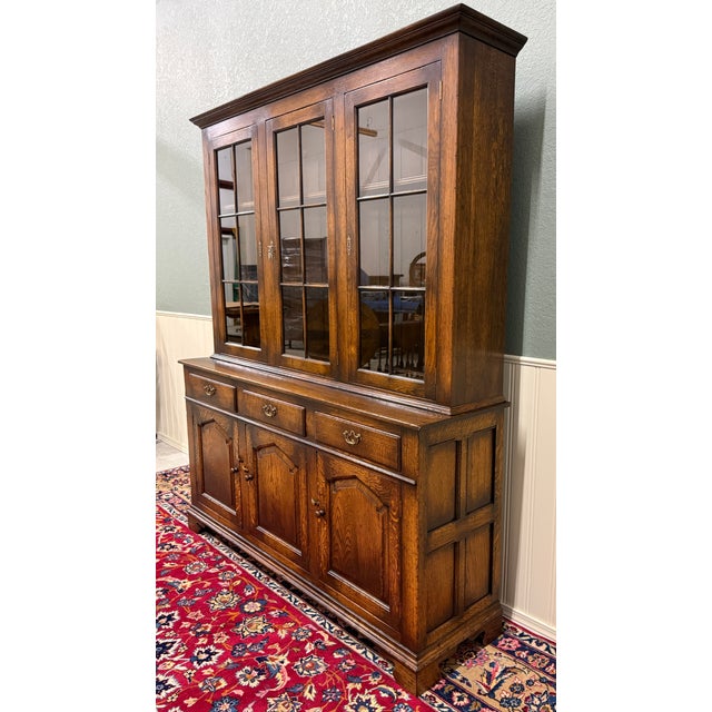 Antique English Large Bookcase Cupboard Cabinet Triple Door Glass Oak C. 1930s For Sale - Image 18 of 18