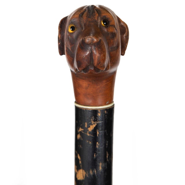 19th Century Antique English Carved Folk Art Dog Head Cane Over Ebonized Black Shaft For Sale - Image 5 of 9