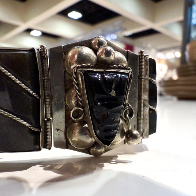 1950s Taxco Onyx Sterling Silver Link Bracelet Mexico For Sale - Image 4 of 12