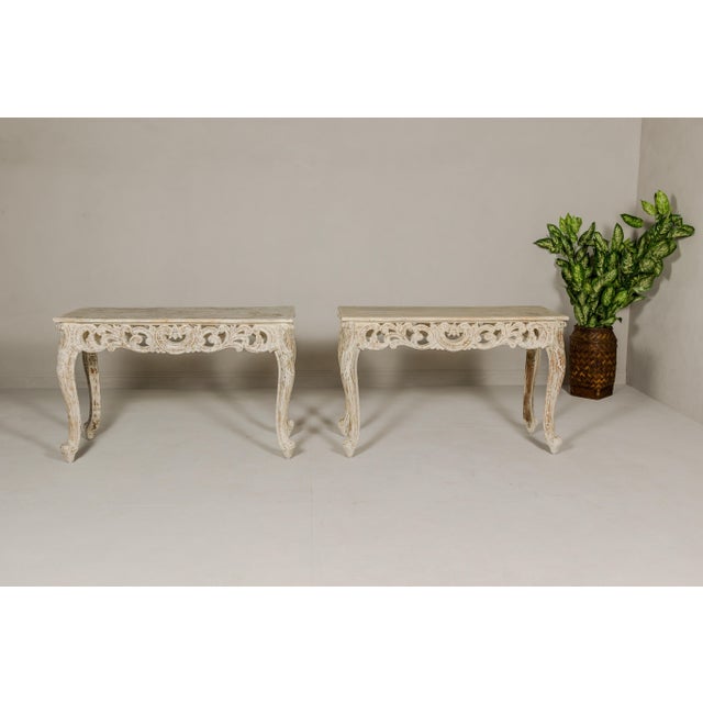 Rococo Rococo Style Painted Console Table with Carved Apron and Distressed Finish For Sale - Image 3 of 12