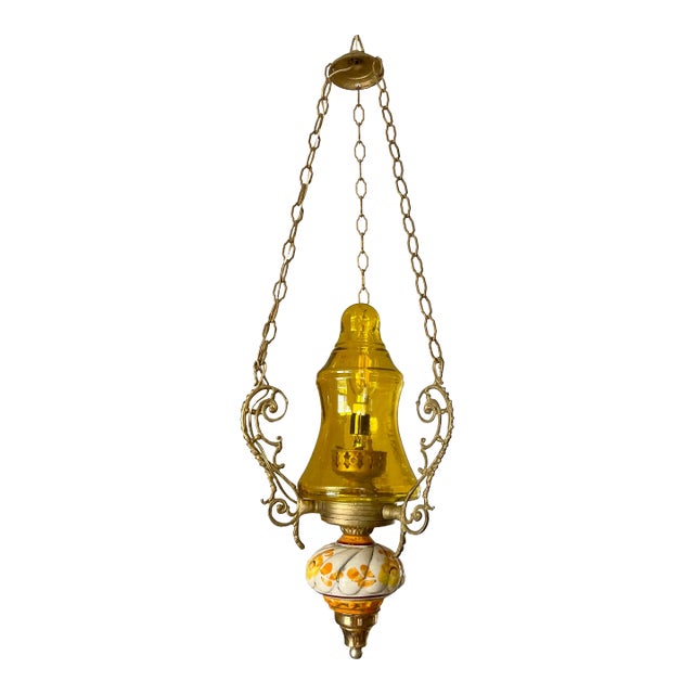 Vintage Brass Cast Pendant With Handblown Glass For Sale