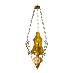Vintage Brass Cast Pendant With Handblown Glass