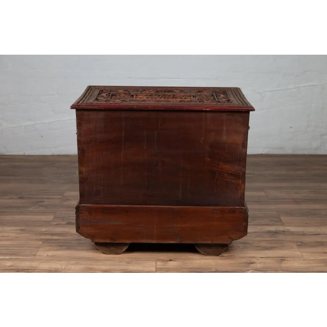 Early 20th Century Antique Indonesian Hand Carved Blanket Chest with Polychrome Design and Wheels For Sale - Image 5 of 13