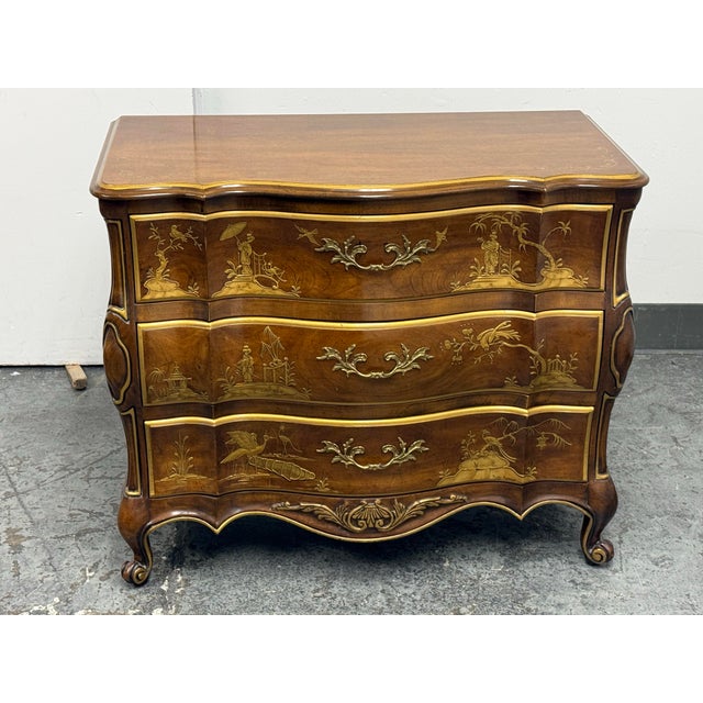 Design Plus Gallery presents a 1980's Chinoiserie Bombe Chest of Drawers by Phyllis Andrade for White Furniture Company....