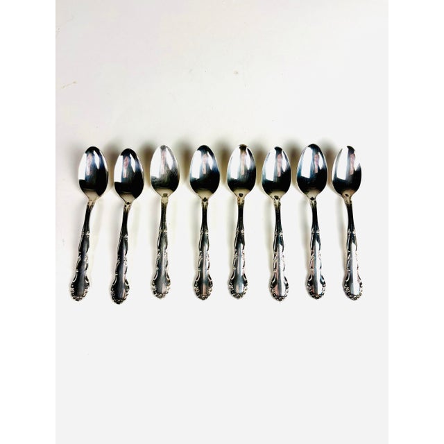 Traditional Mid 20th Century Oneida Silverplate “Flirtation” Demitasse Spoons – Set of 8 in Original Boxes For Sale - Image 3 of 10