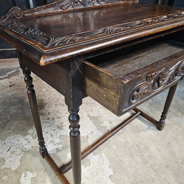 Late 19th Century English Oak Carved Table With Turned Legs and Stretcher Base For Sale - Image 9 of 14