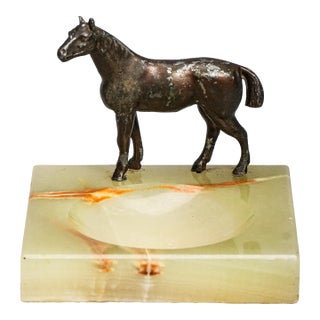 Wonderful Antique Cast Metal Horse and Onyx Stone Catchall Jewelry Desk Dresser Home Equestrian Country Decor For Sale