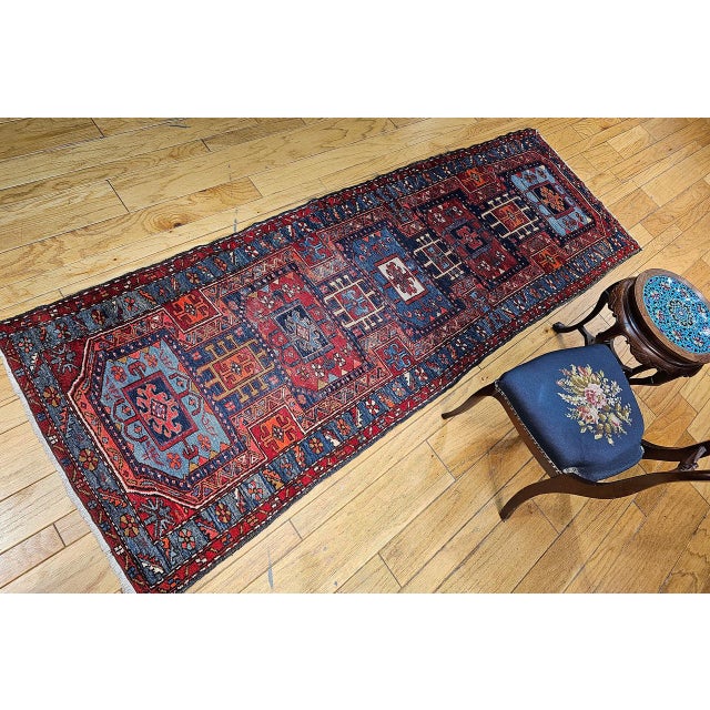 1900 - 1909 Antique Northwest Persian Runner Rug, Hand-Knotted Wool, Geometric Medallions Pattern, 3x10, Blue & Red For Sale - Image 5 of 15